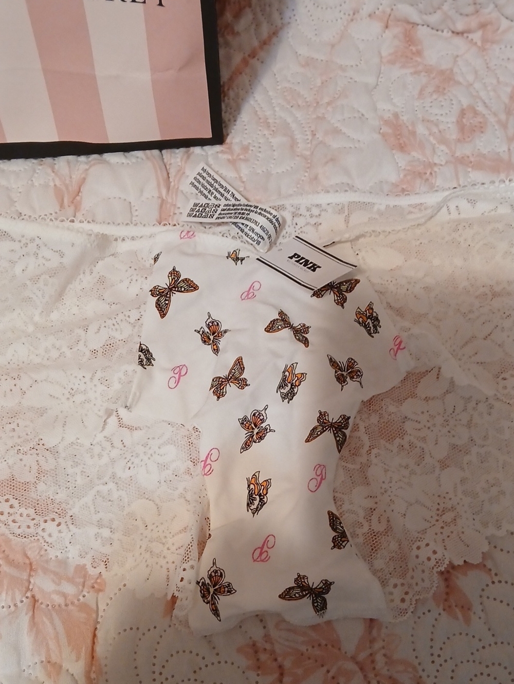 PINK Victoria's Secret White Lace Bikini Briefs with Butterfly Print